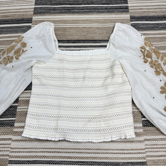 Anthropologie Women's XL White Smocked Embroidered Puff Sleeve Square Neck Top - Picture 2 of 13